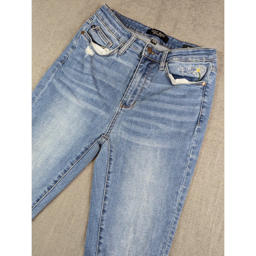 Judy Blue Skinny Jean Women 7/28 Blue Daisy Embroidered Distressed Raw Hem Denim